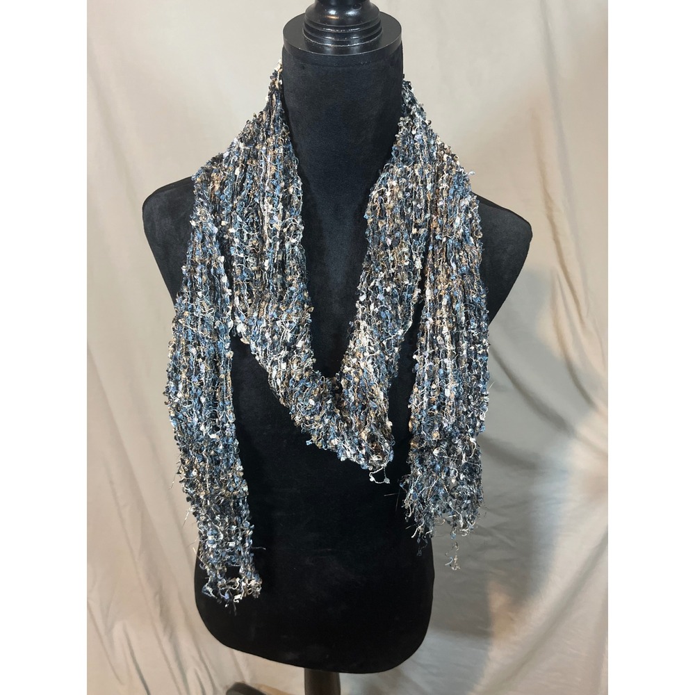 Womens Blue Bronze Metallic Ladder‎ Yarn Knit Scarf Textured Shimmer Boho